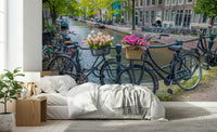 European city mural lovely bicycles brimming with pink posies.