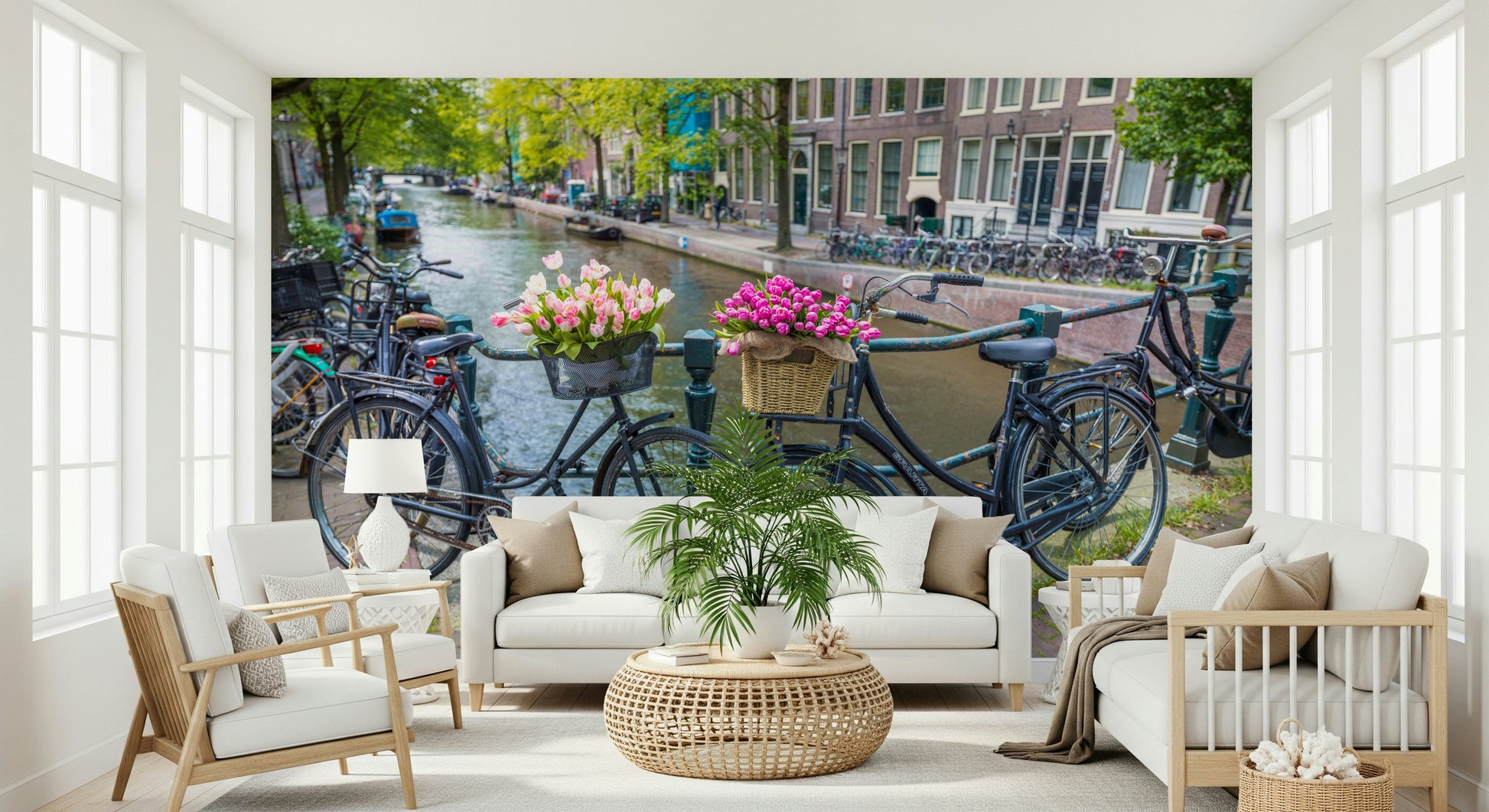 Iconic city wallpaper two black bikes colorful tulip bouquets.
