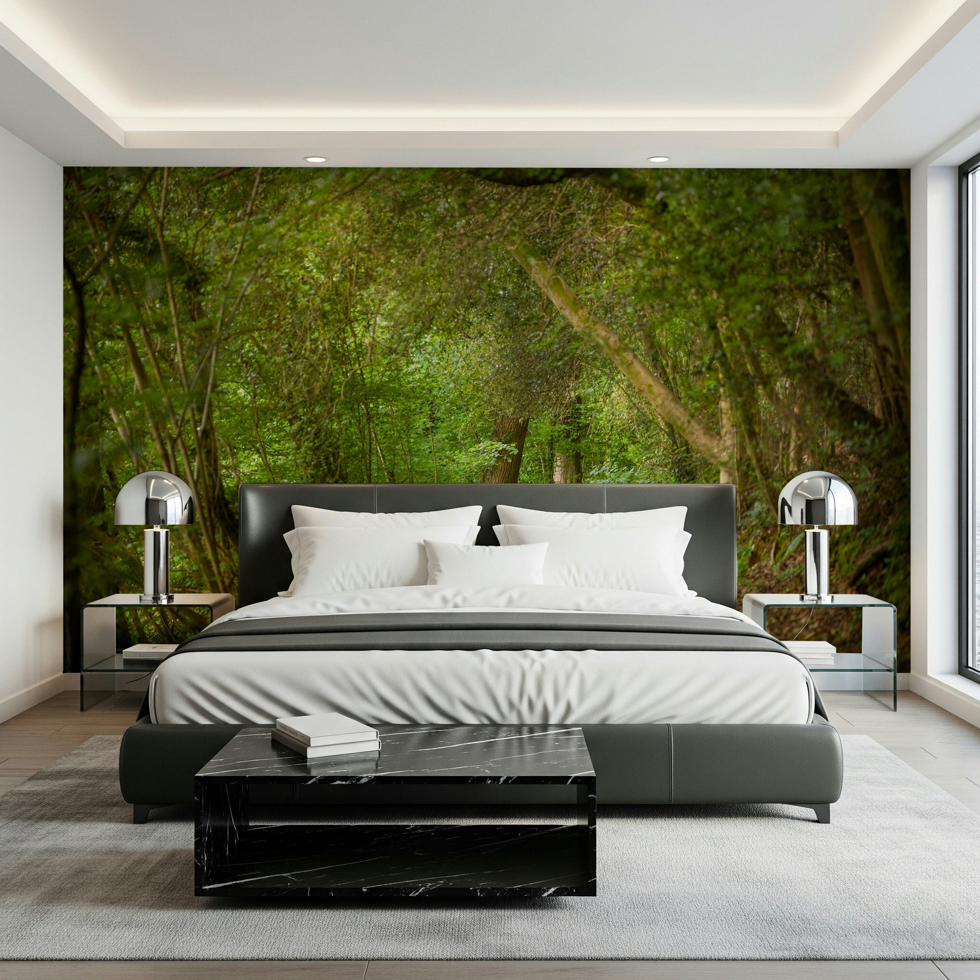 Green shaded walkway wall mural natural arboreal setting design.