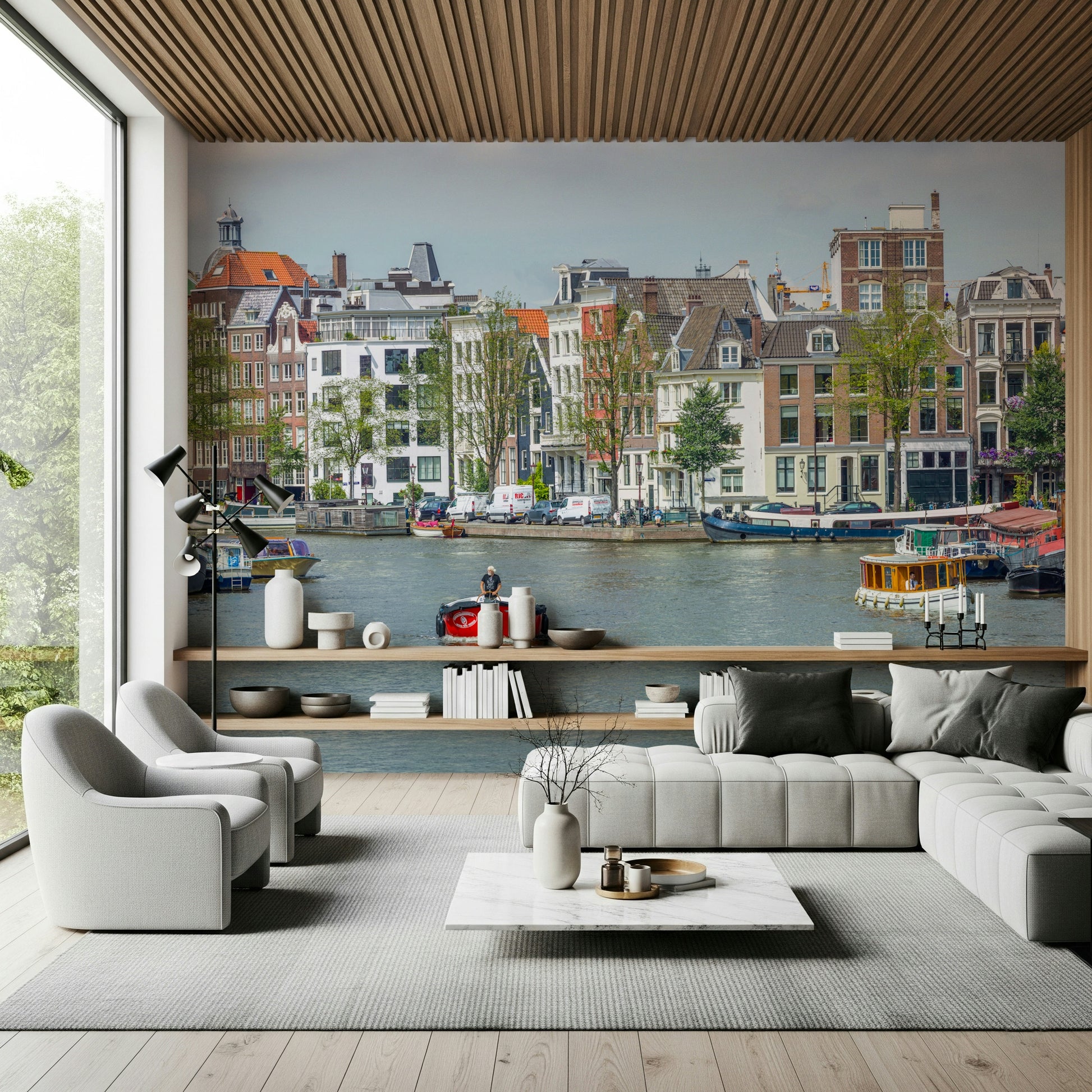 Panoramic wall mural Dutch Waterway Charm vibrant city riverfront