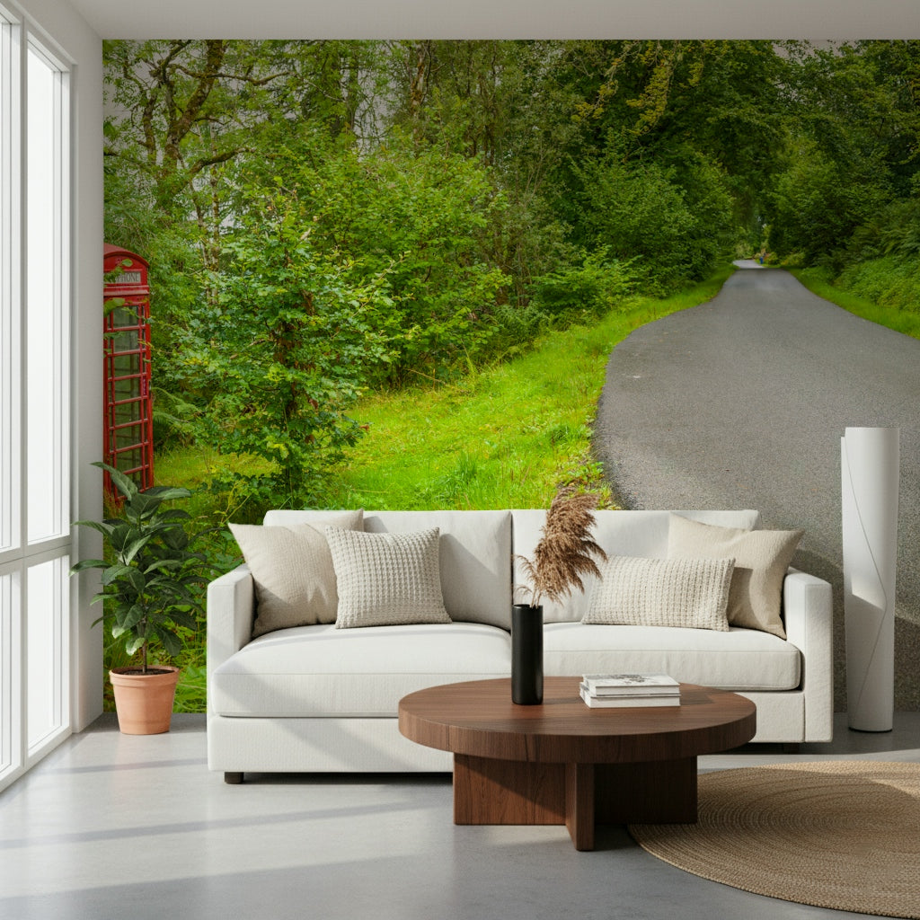 Charming wall mural featuring an isolated red kiosk amidst dense shrubs. Call Box design.