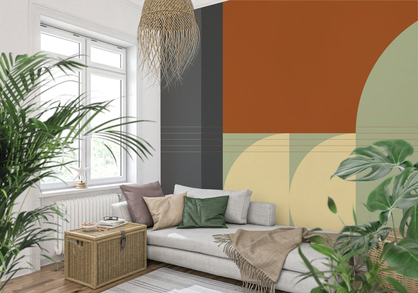 Unique wall covering graphic lines and large shapes. Abstract wall mural.