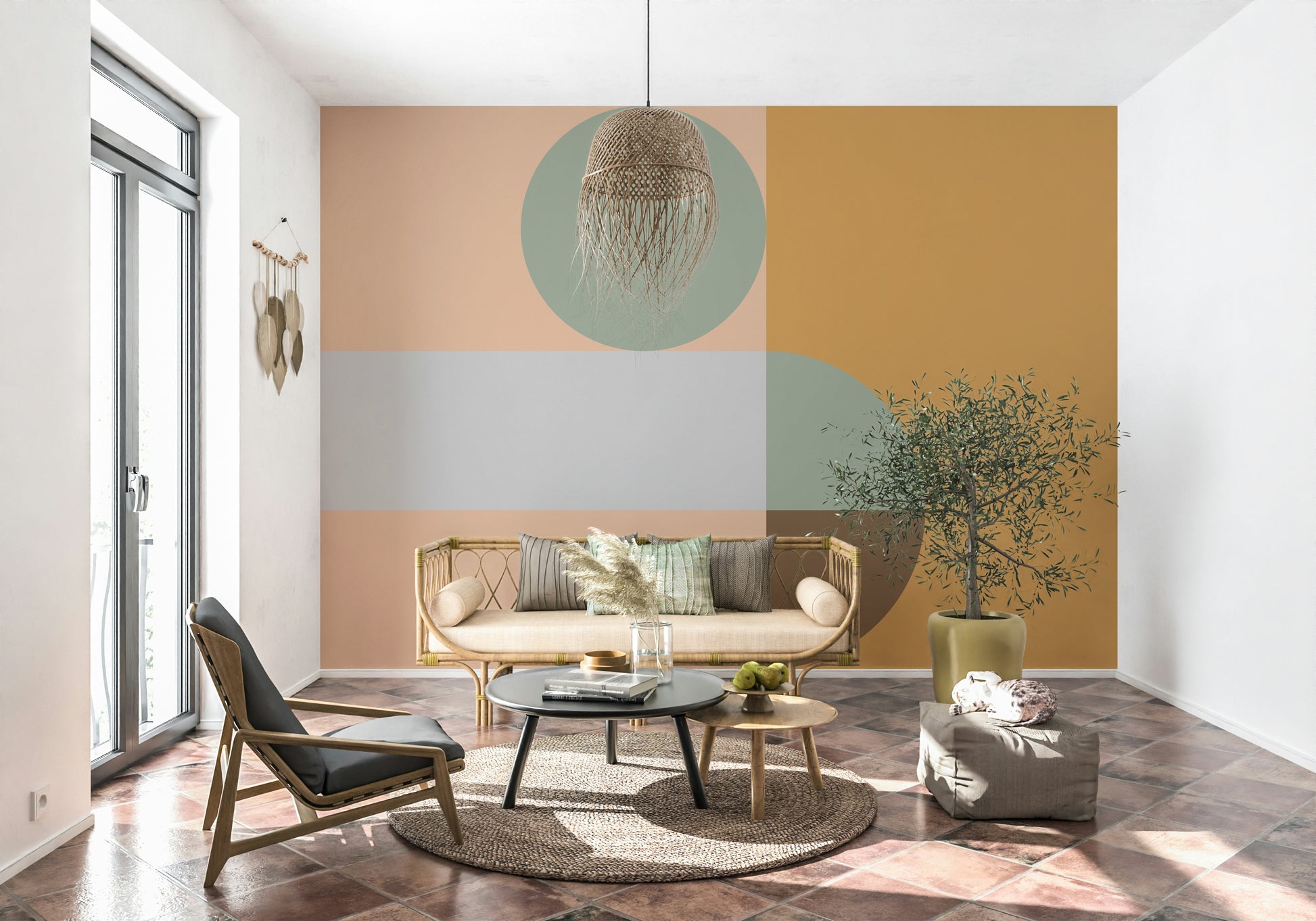 Sophisticated geometric composition, a calming Pastel Spring feature wall.