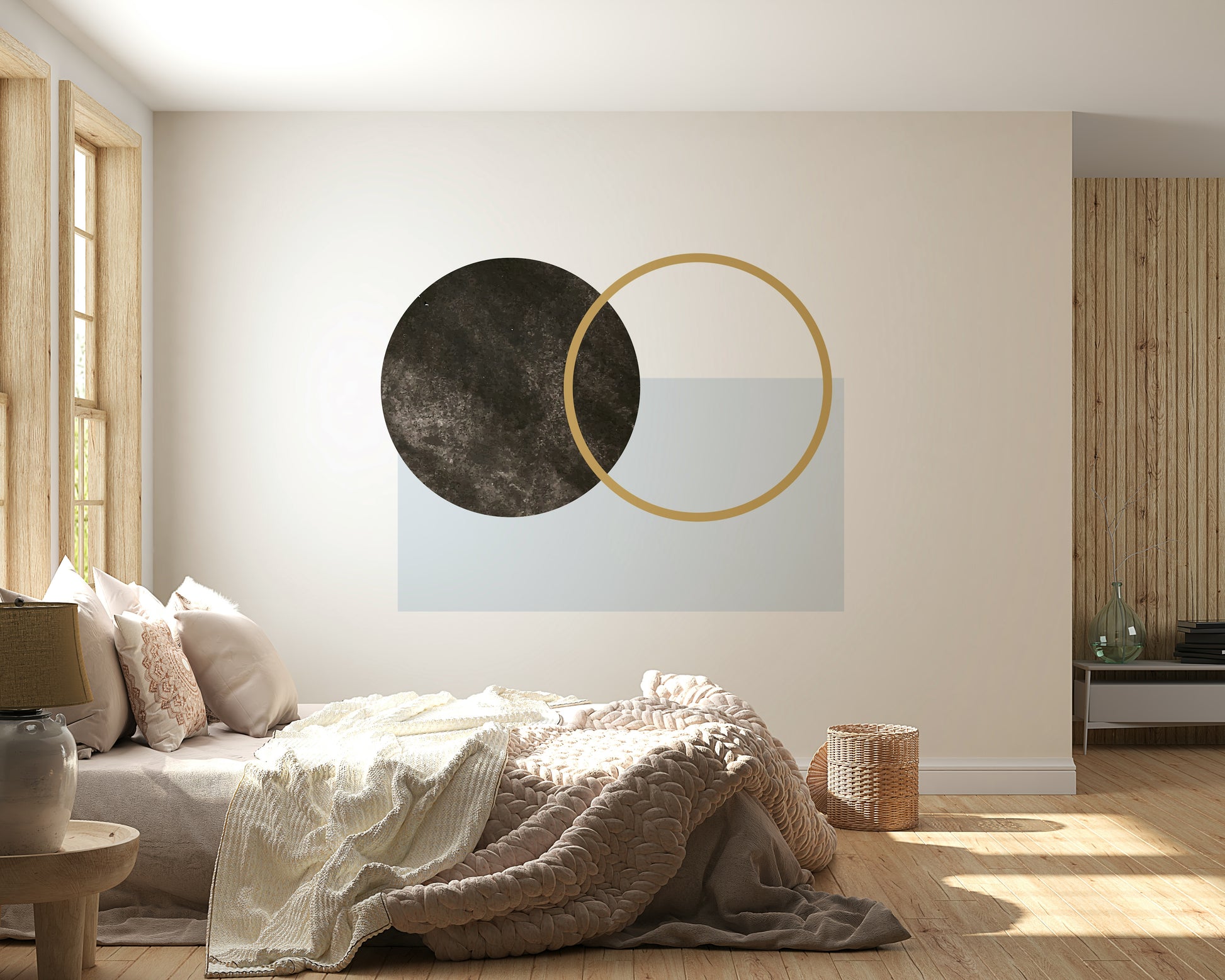 Minimalist composition mural wallpaper, pale blue block background element.