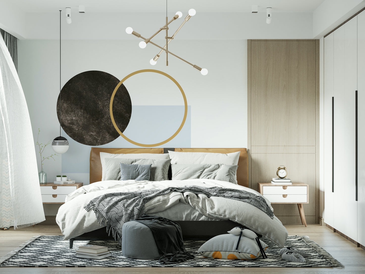 Contemporary wall mural, elegant interlocking forms, neutral color palette.