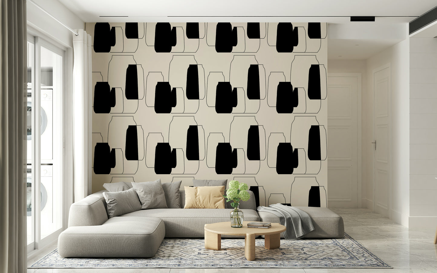 Woven Simple Vessel Shapes wallpaper for walls, calm silhouettes, neutral beige background.