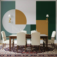 Modern Geometric Harmony mural featuring sage, bronze, and deep green shapes.