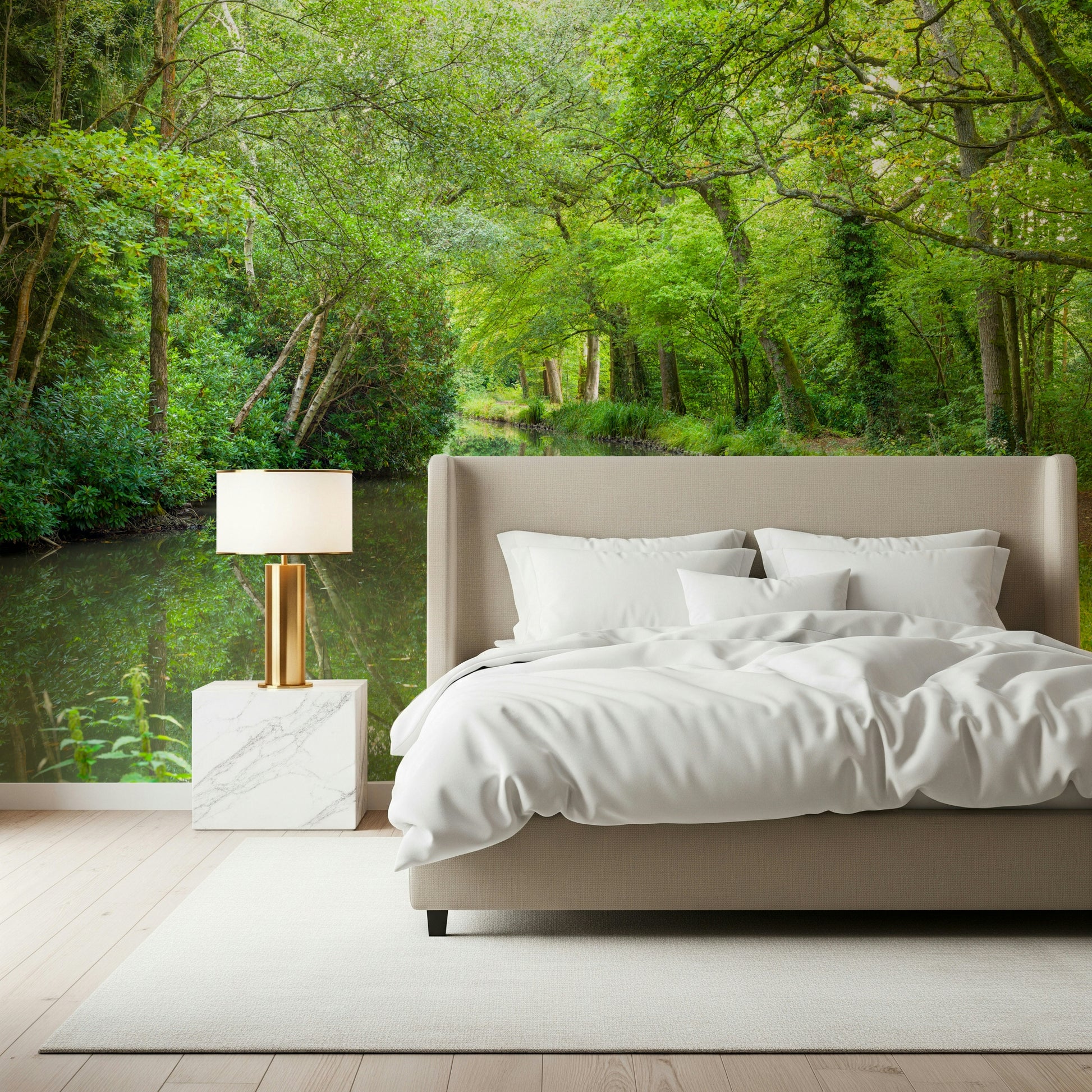 Verdant Stream Escape wall décor, shadowy watercourse, bright foliage, a comforting outlook.