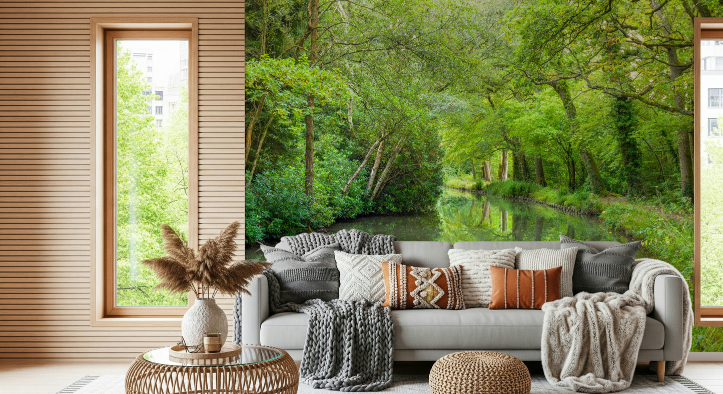 Stream Escape nature wallpaper mossy banks, towering wood, a relaxing, deep-green sanctuary.