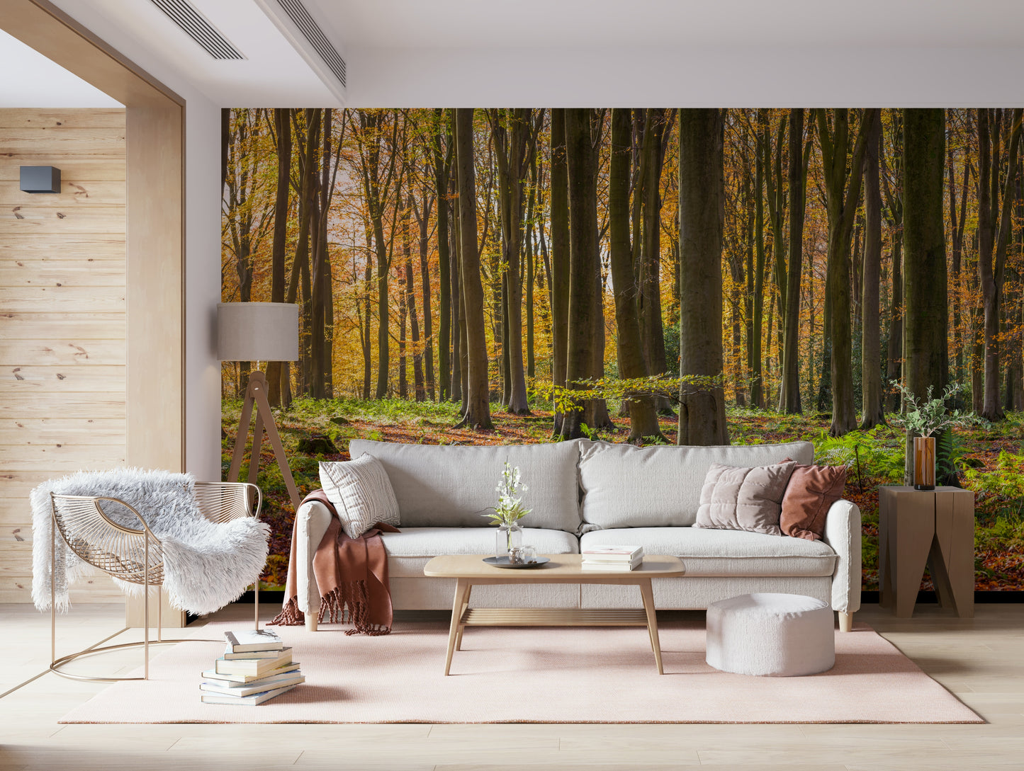 Gilded Woods mural wallpaper: Autumn forest panorama with tall trees.