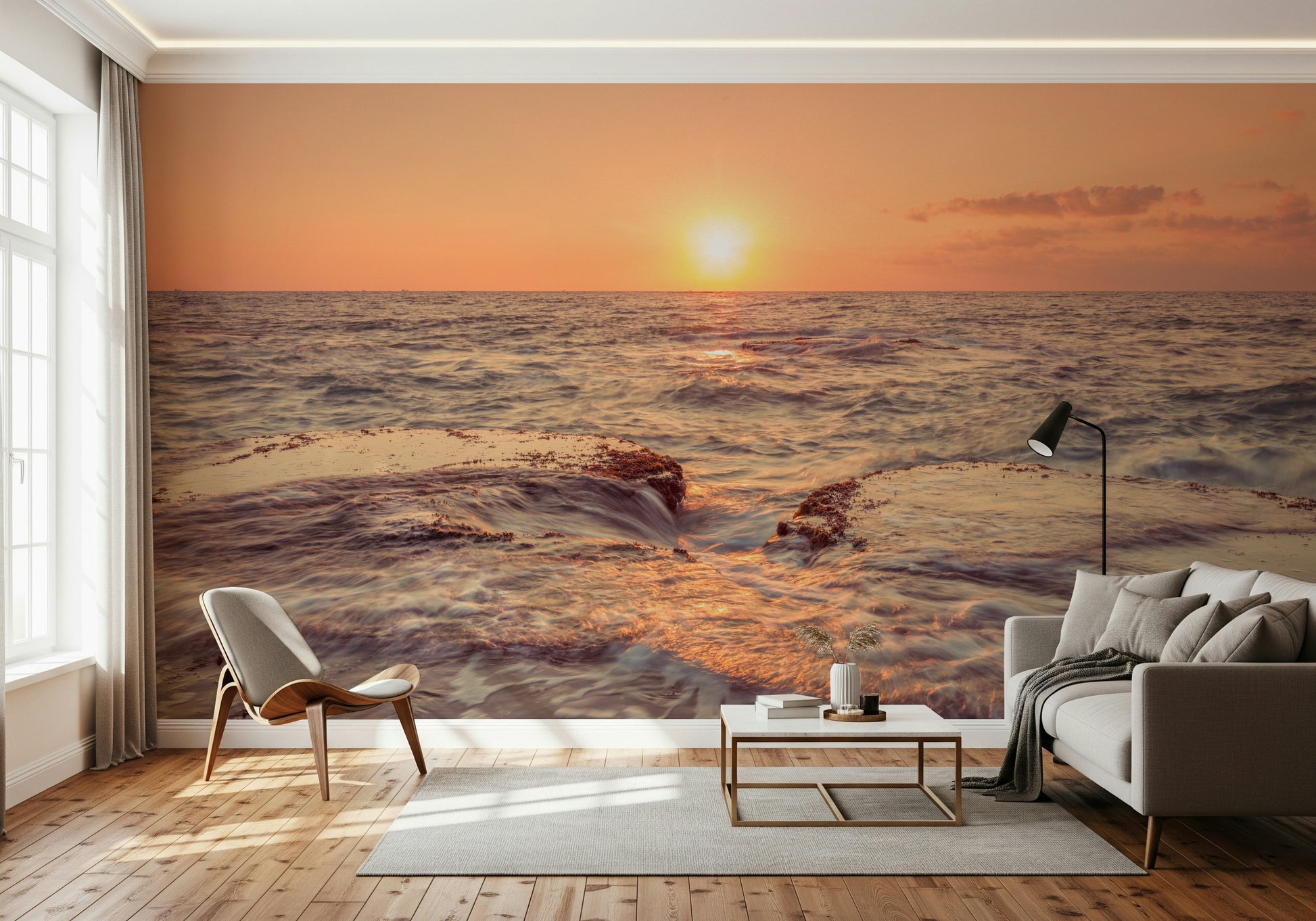 Elegant Coastal Dawn seaside vista custom mural panel.