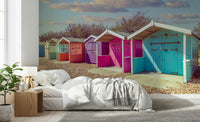 Vivid beach shed wallpaper, creating Beach Row Bliss at home.