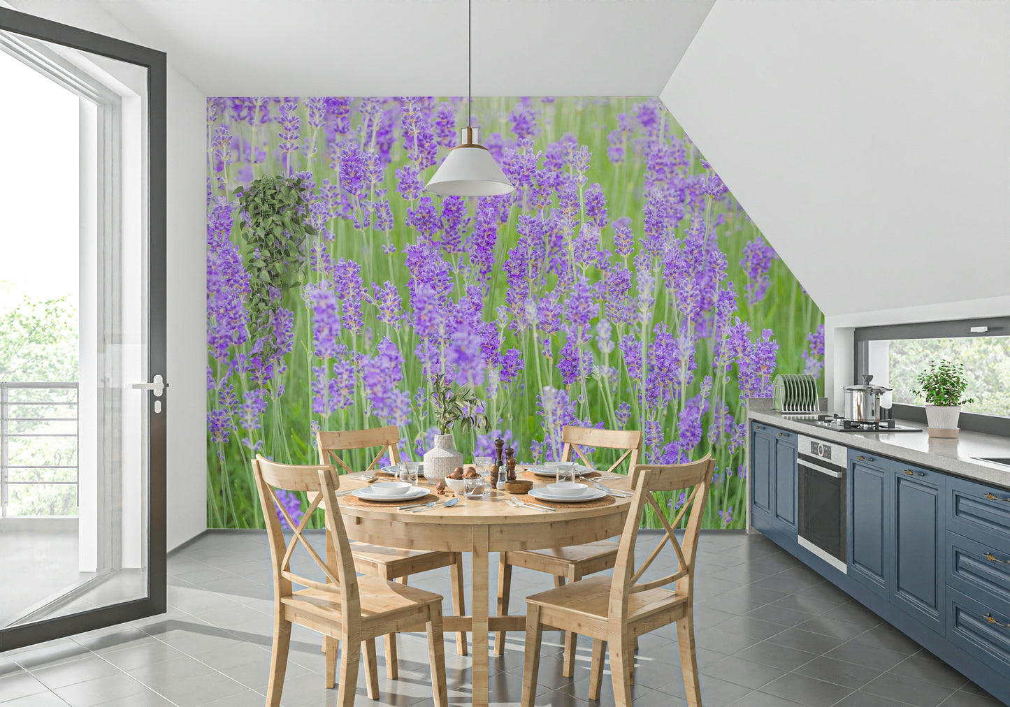 Aromatic purple blossoms on a Field Dream wall covering.
