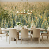 A rustic wallpaper with golden wheat stems arranged in a soft, flowing pattern.