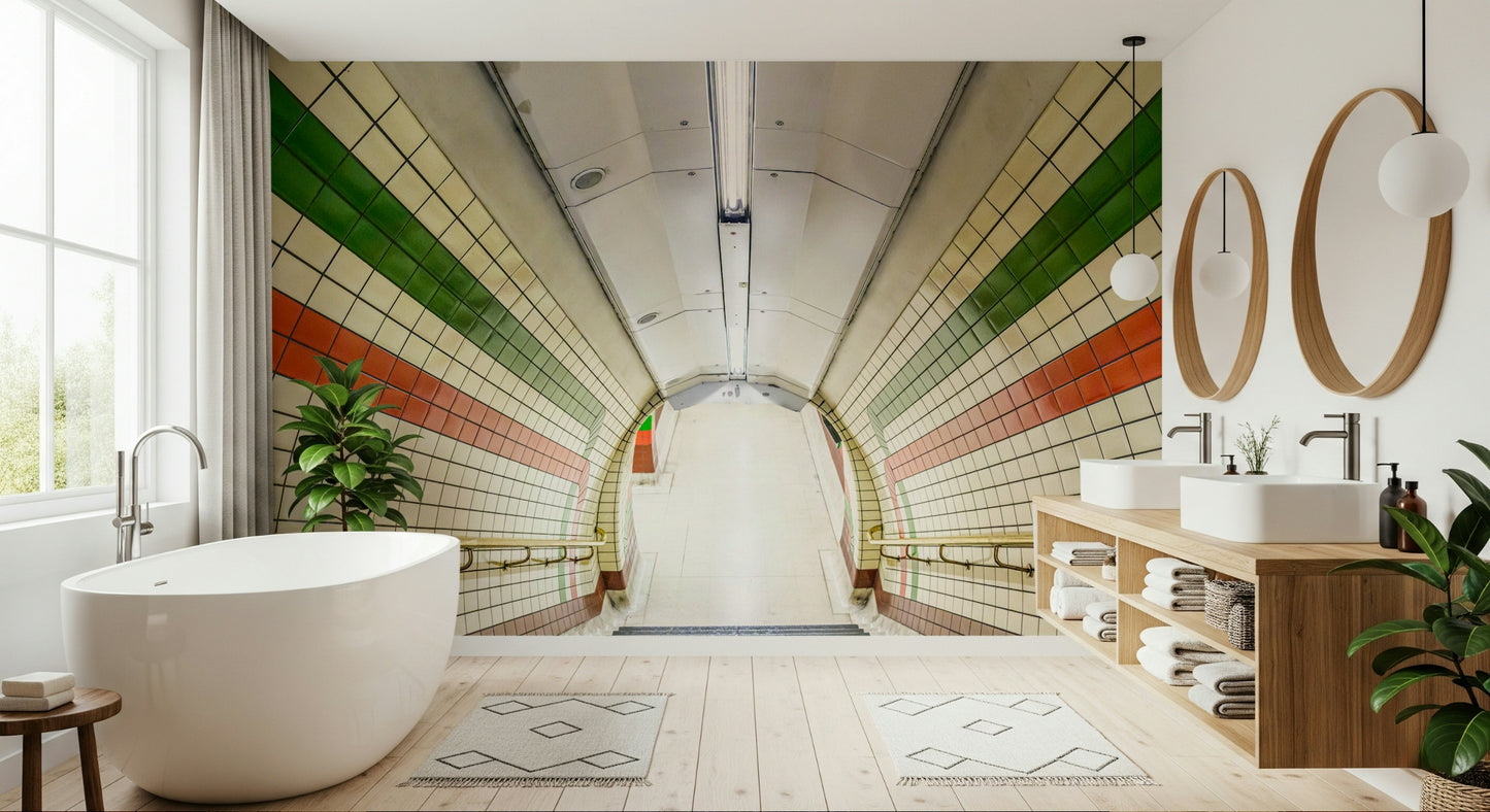 Urban transit wallpaper depicting a descending tiled corridor marked by red and green stripes.