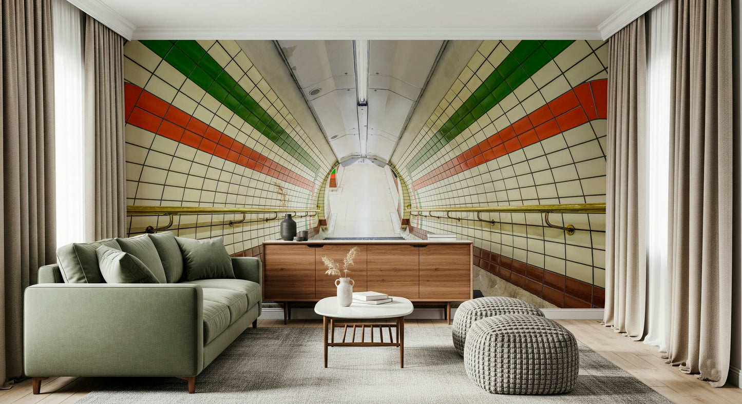 Urban subway descent wallpaper with cream tiles, red and green bands, and a symmetrical tunnel perspective.