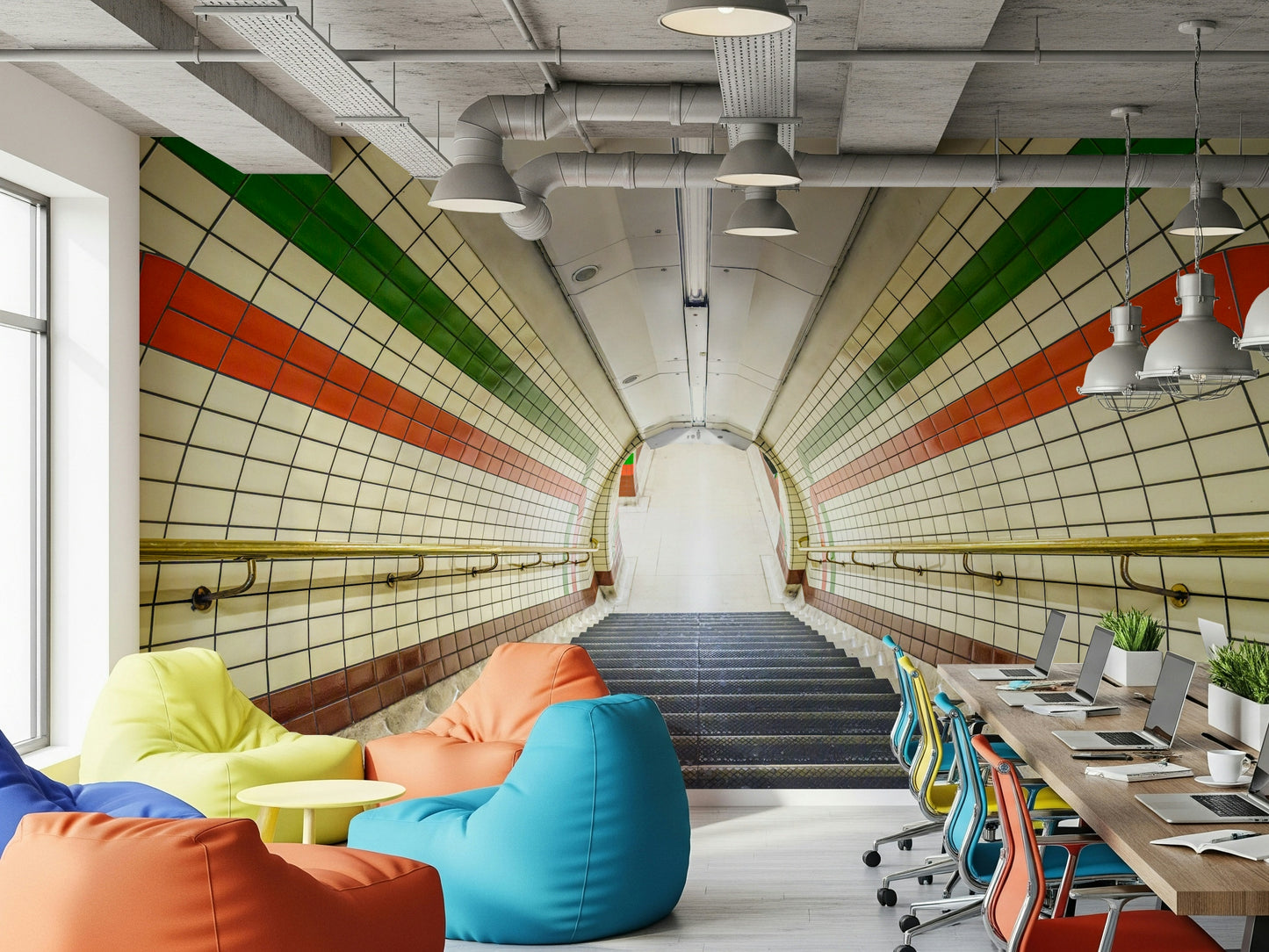 A modern subway corridor wallpaper designed with cream tiles, multicolor stripes, and industrial lighting.