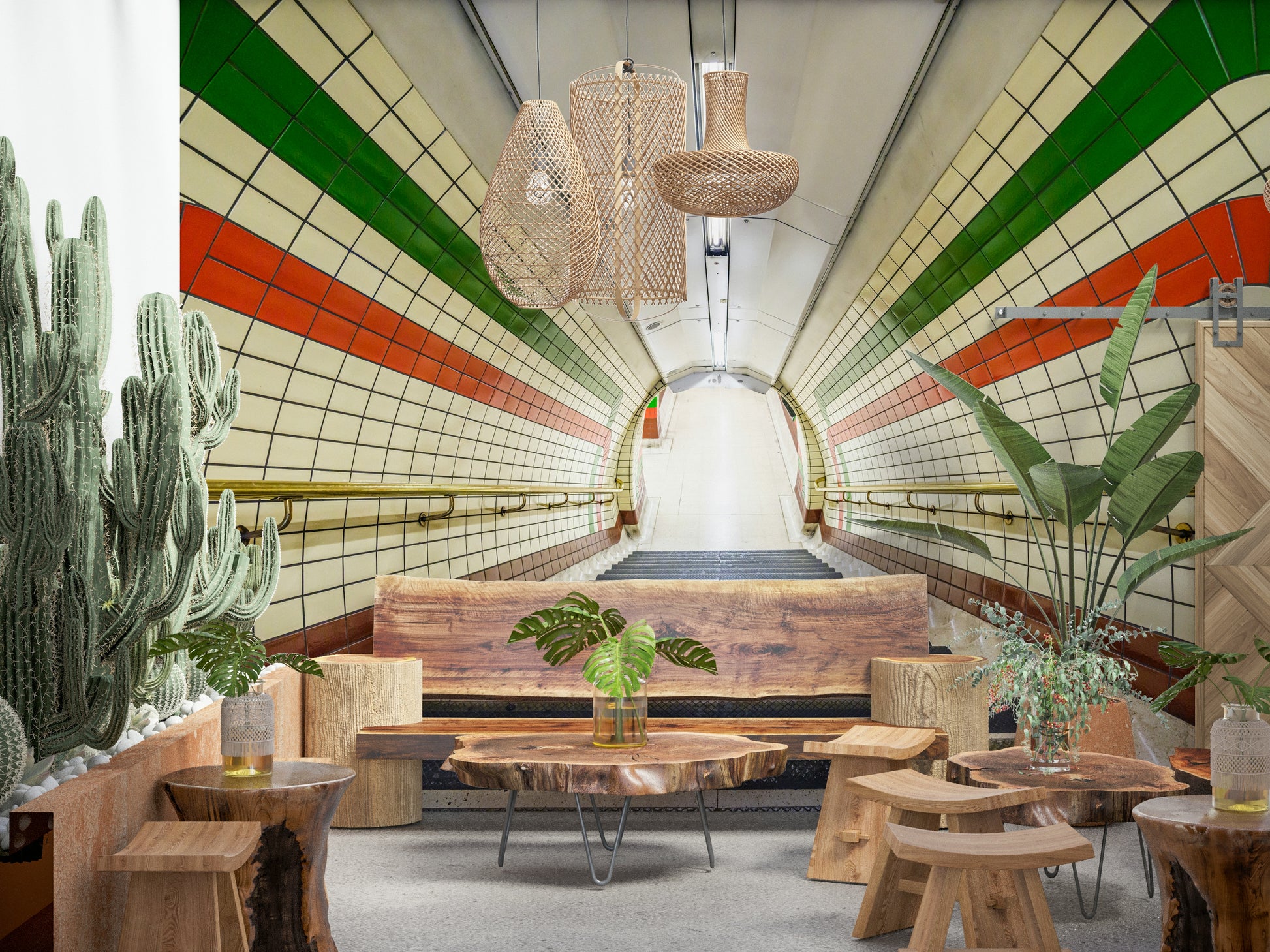 Vintage subway wallpaper showing tiled walls with colorful stripes framing a descending staircase.