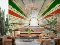 Vintage subway wallpaper showing tiled walls with colorful stripes framing a descending staircase.