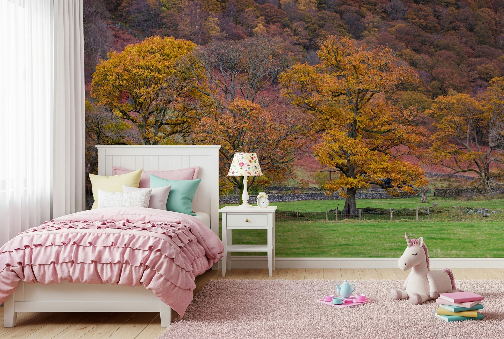 A warm and inviting autumn wallpaper featuring a lush forest turning shades of gold.