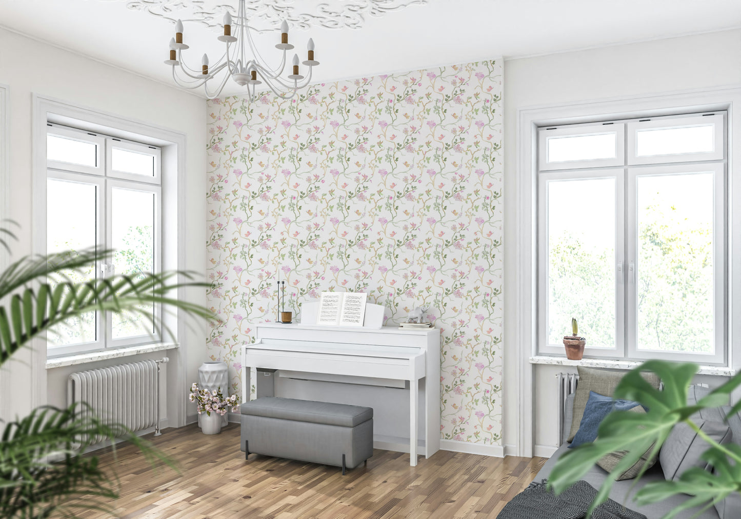 romantic blossom wallpaper with delicate vines and lightly sketched birds