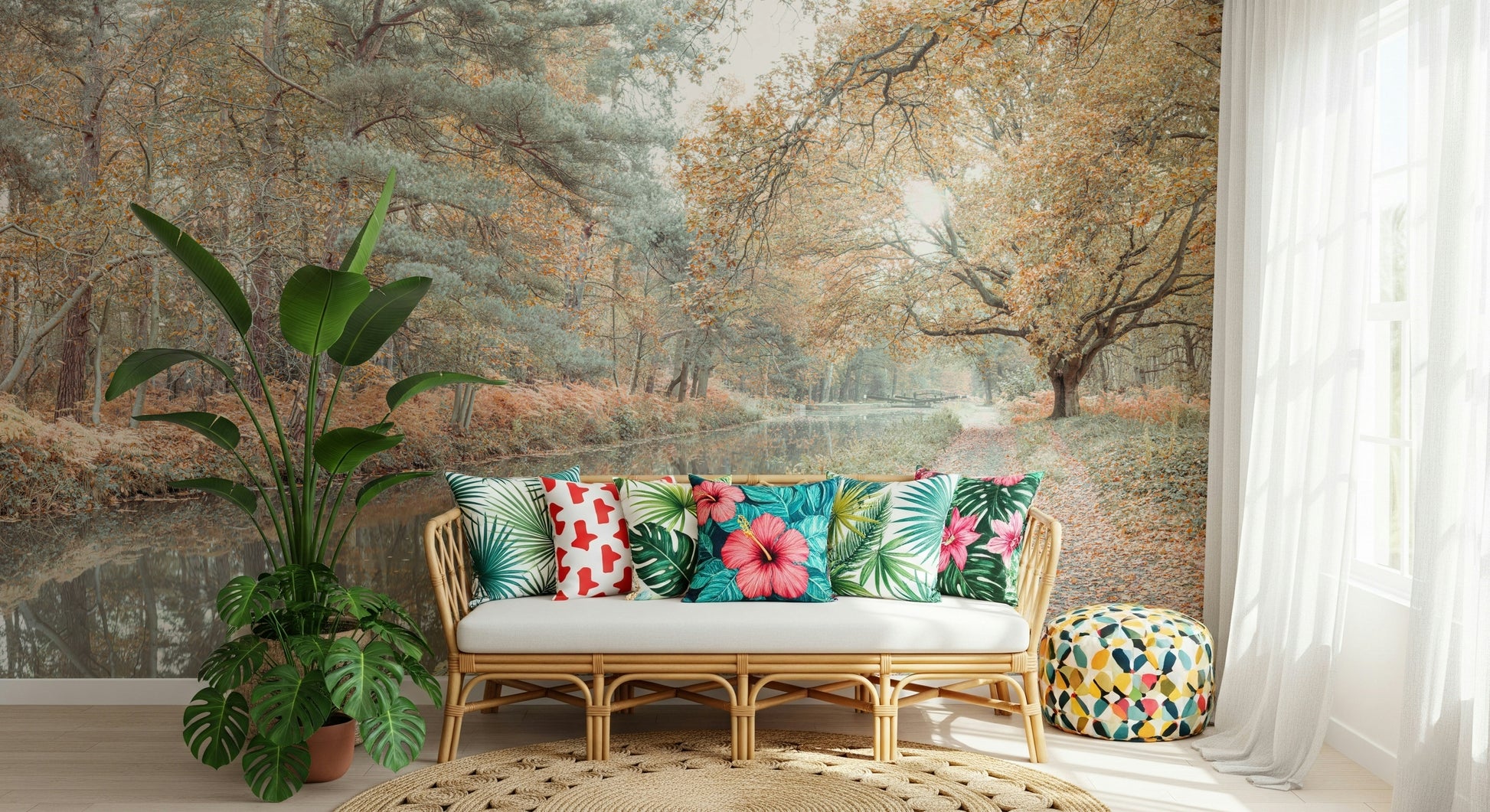 Wallpaper design depicting a quiet canal surrounded by orange and brown autumn trees.