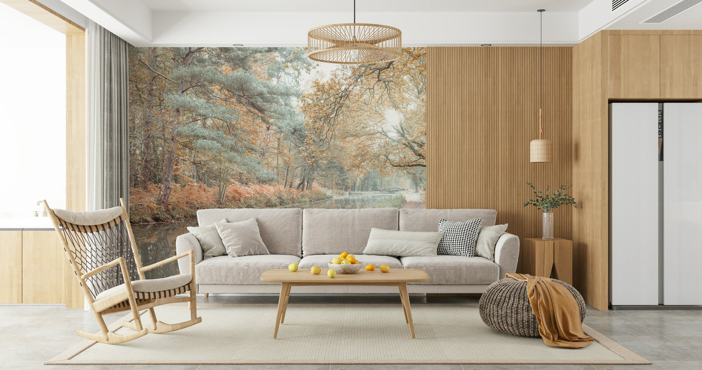 Peaceful woodland scene wallpaper with golden fall trees and a still water canal.