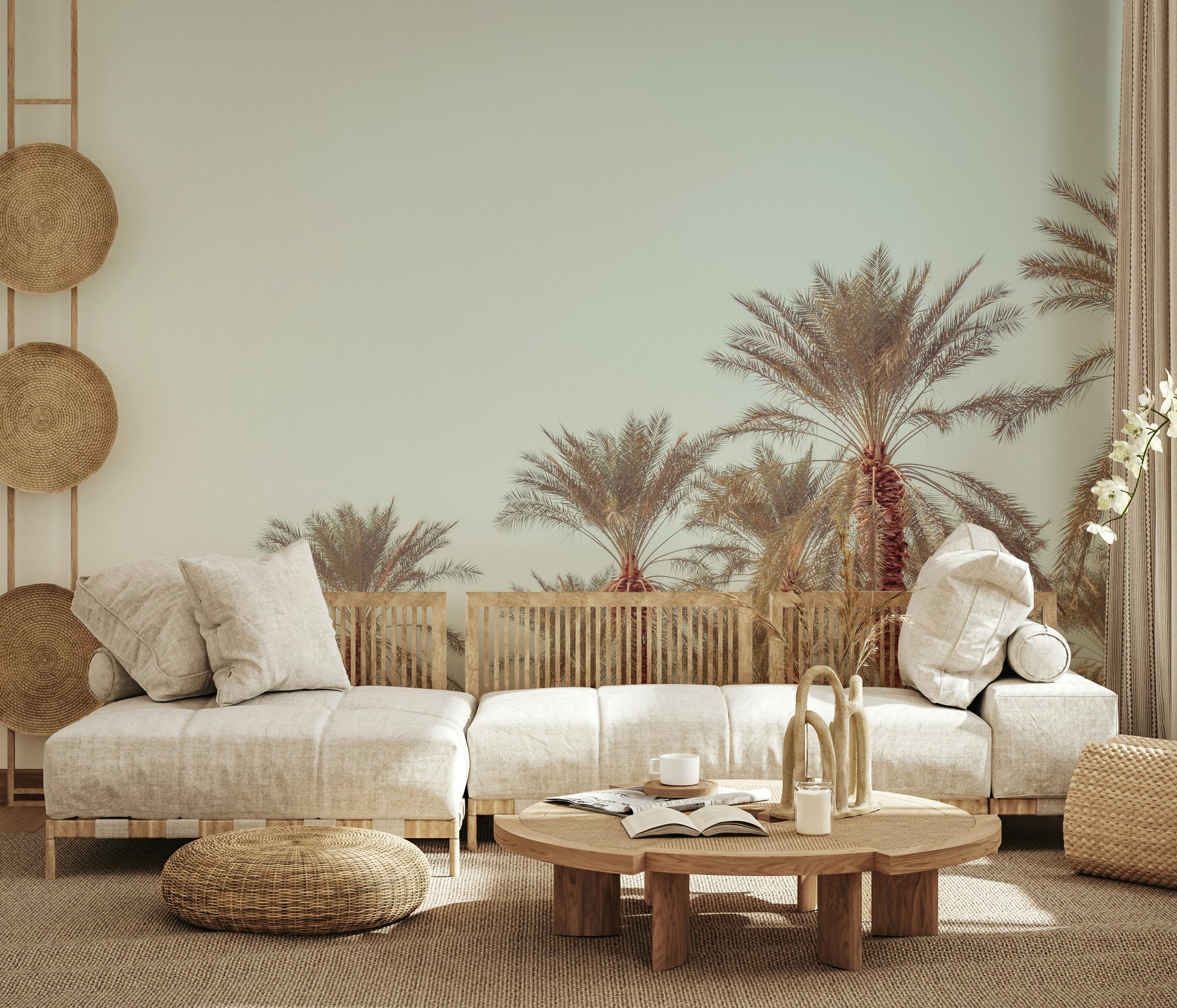 Serene palm tree wallpaper with warm earthy tones and a hazy tropical backdrop.