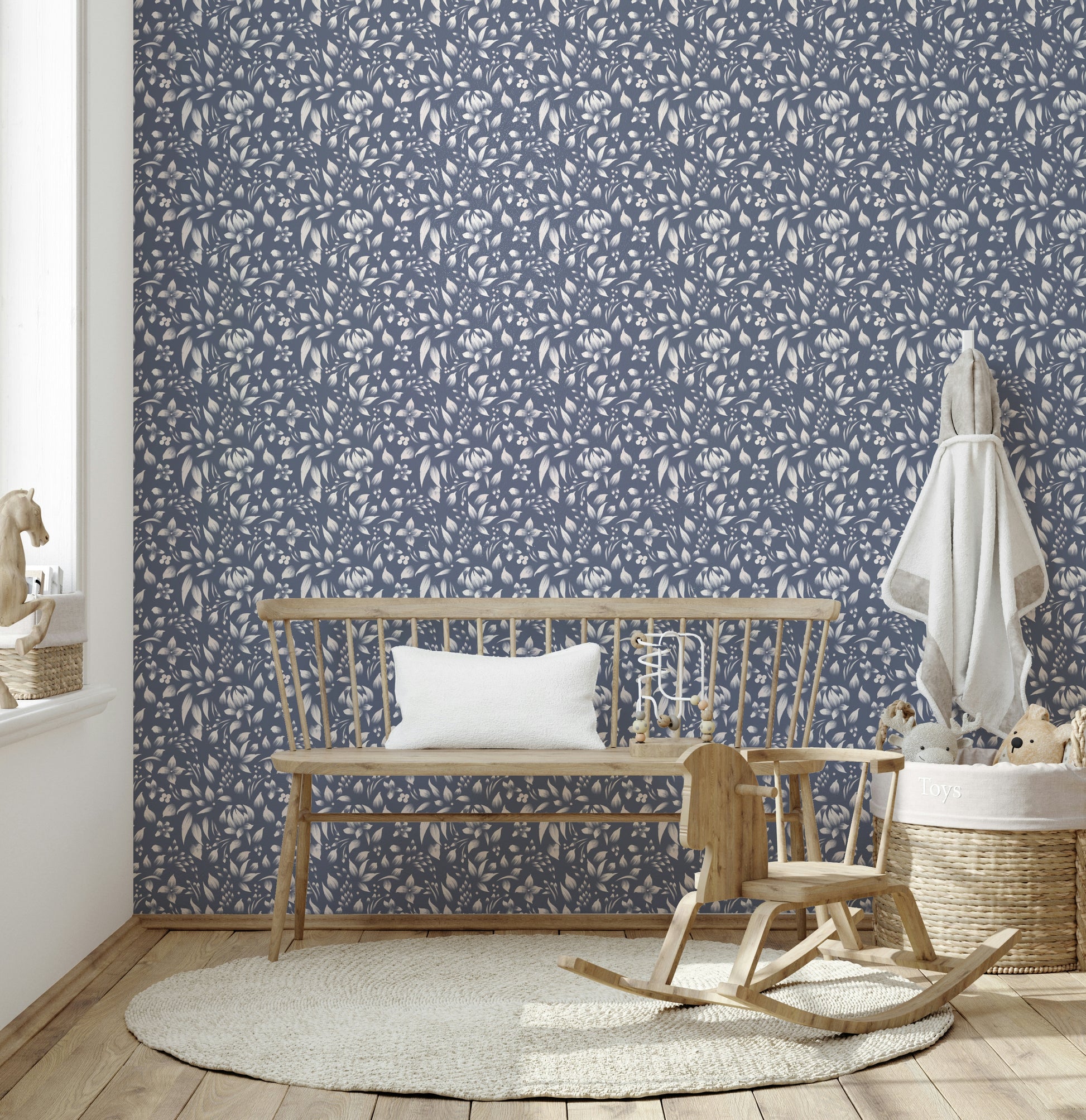 Subtle botanical wallpaper design with delicate leaves arranged in a seamless pattern.