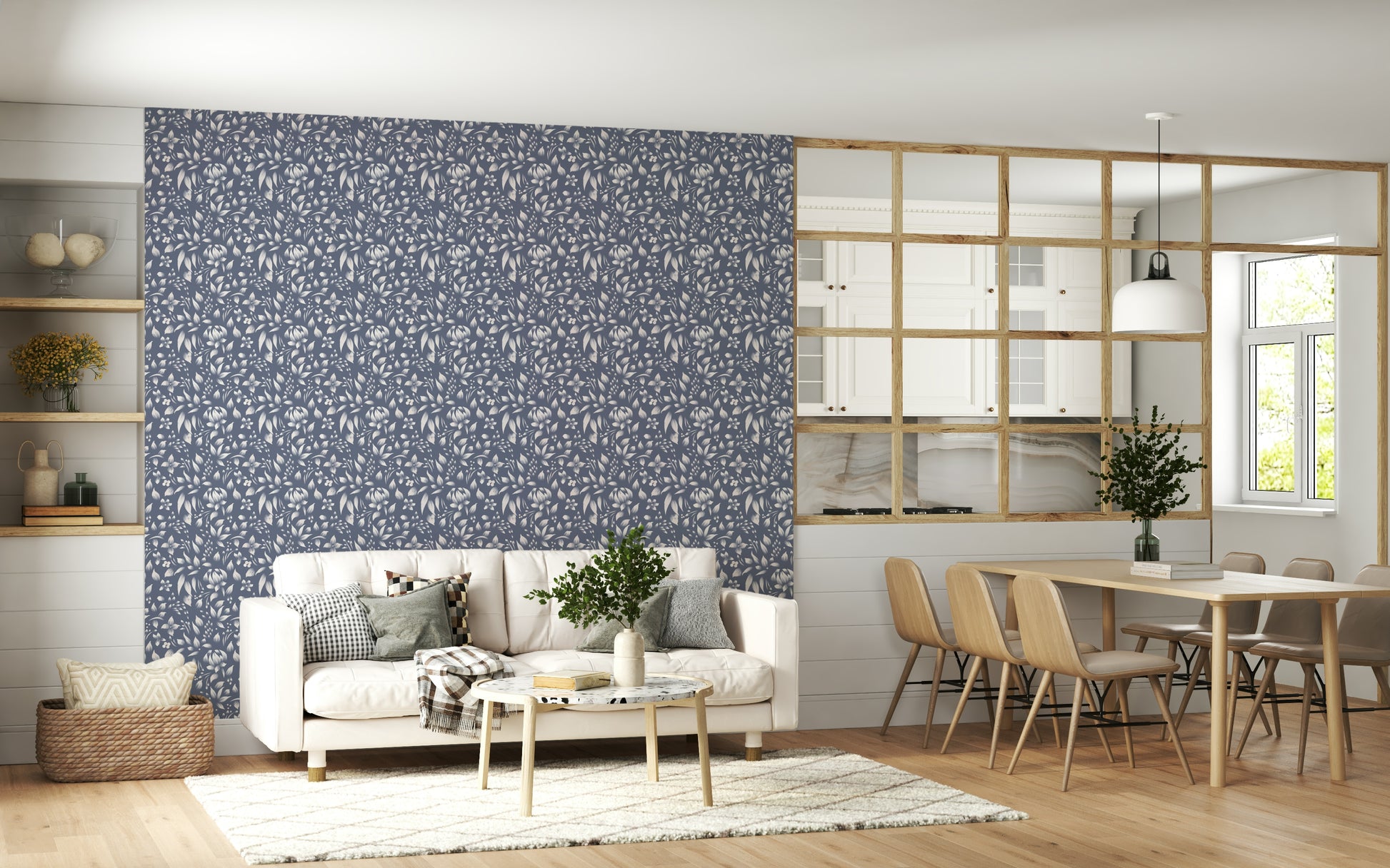Vintage-inspired botanical wallpaper featuring delicate leaf silhouettes.
