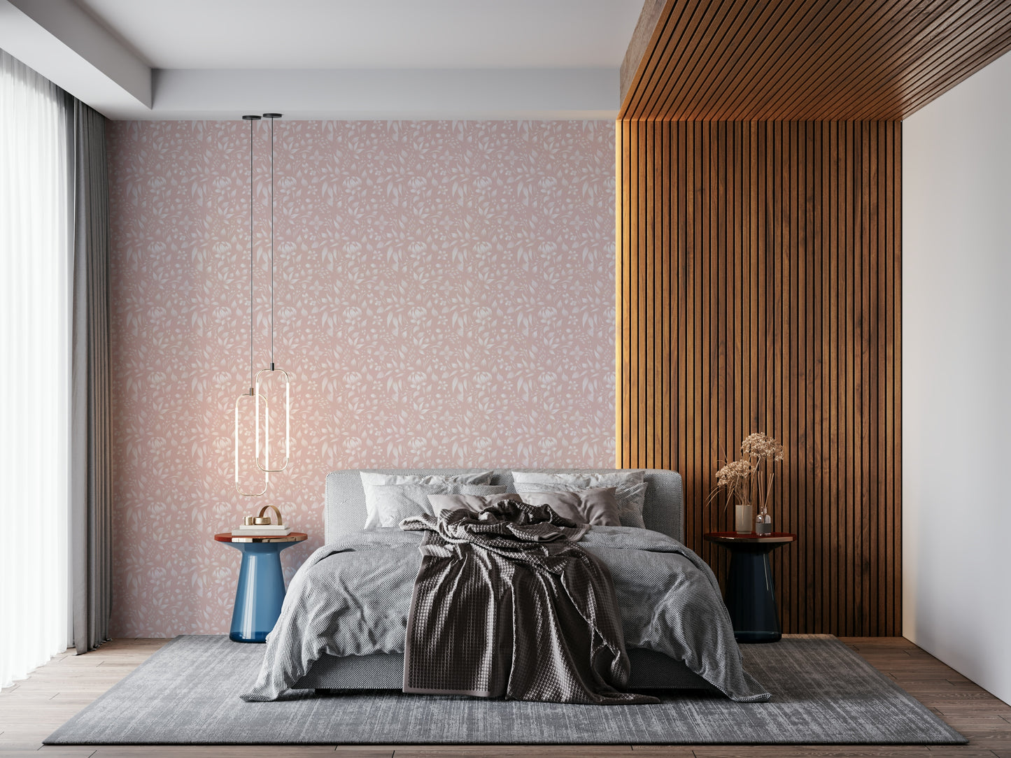 A soothing blush wallpaper with subtle blooming flowers repeated in a gentle spring-inspired design.