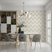 A subtle tropics wallpaper featuring soft beige palm motifs arranged in a minimal repeating pattern.
