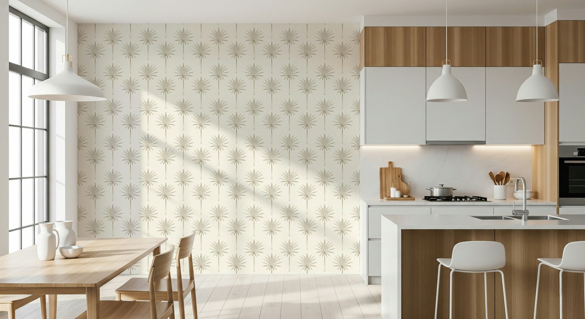 A contemporary tropical wallpaper with simple palm icons creating an airy, subtle pattern.