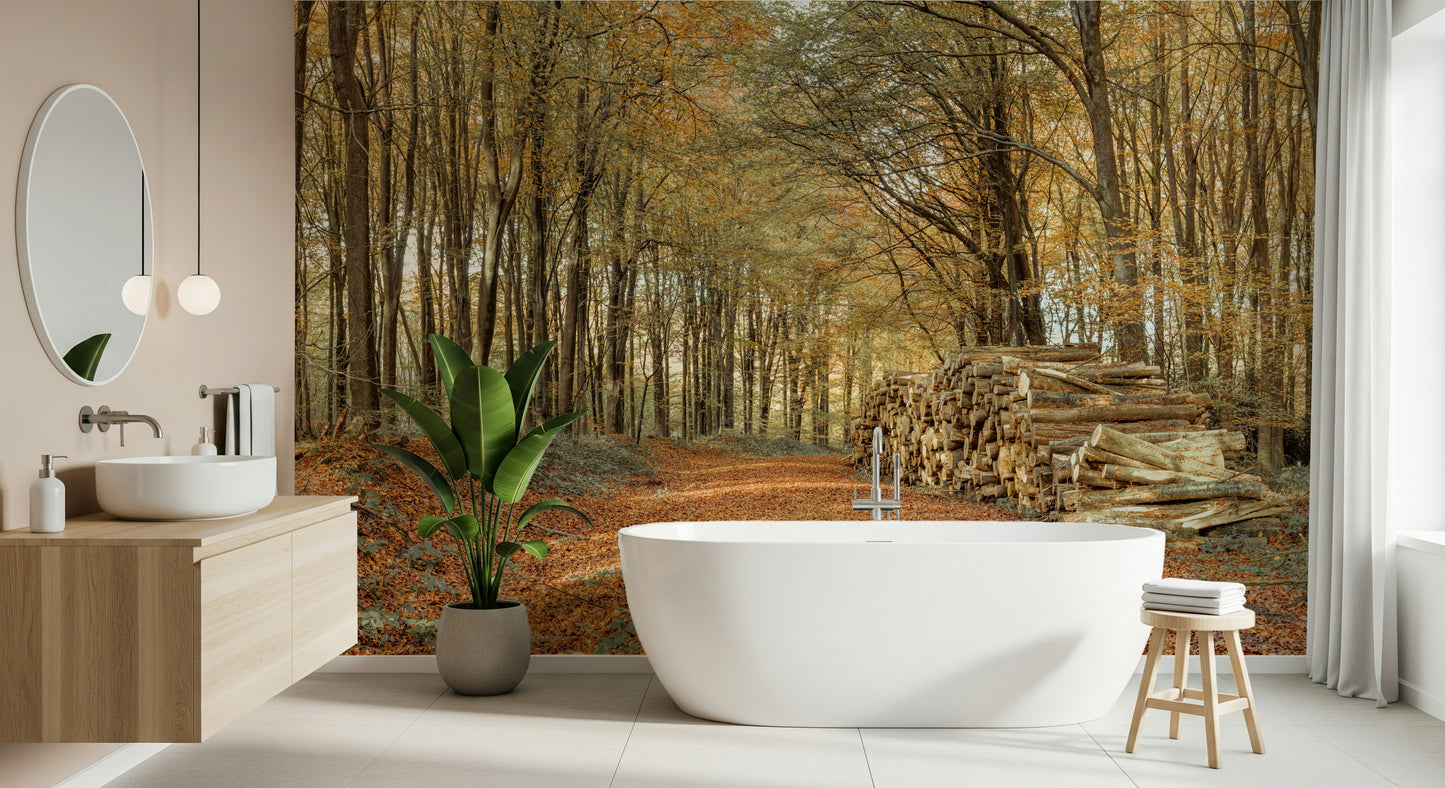 Broad view of the wood Autumn Forest Scene, calming seasonal mural.