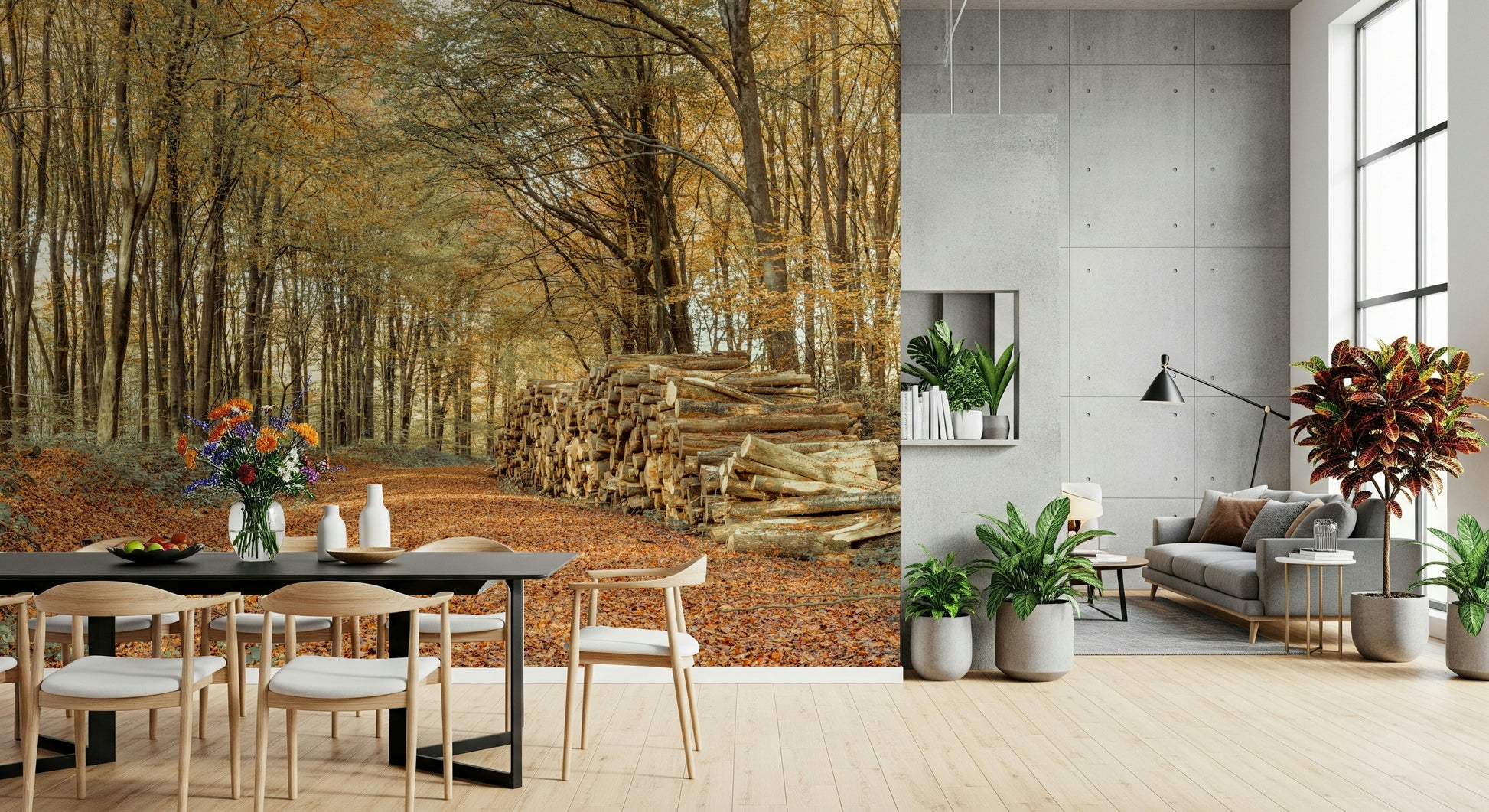Woodland path covered in rich foliage, Autumn Forest Scene wall covering.