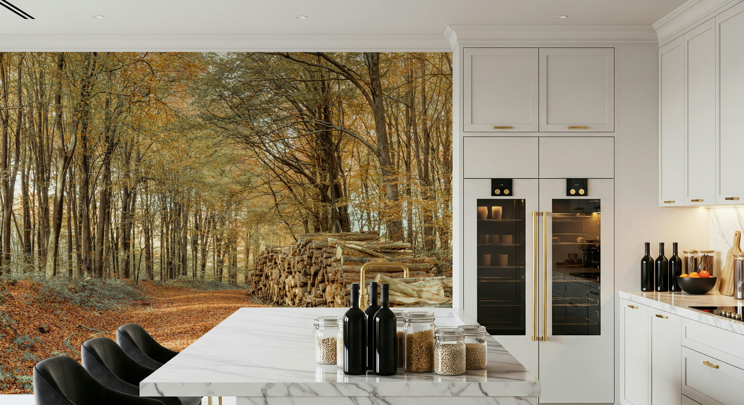 Panoramic forest view, fallen leaves, tranquil Autumn Forest Scene art.