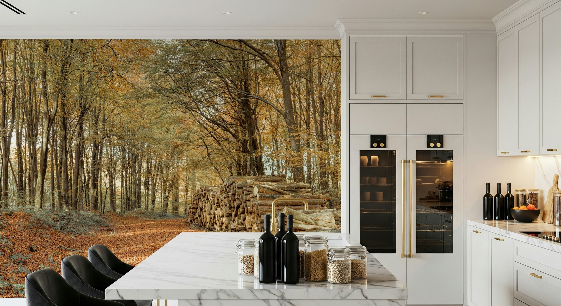 Panoramic forest view, fallen leaves, tranquil Autumn Forest Scene art.