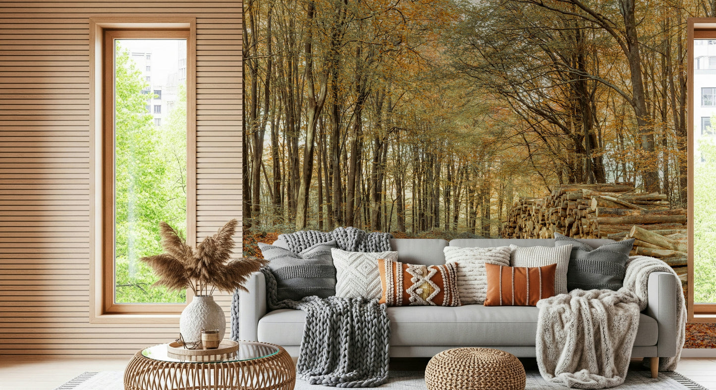Scenic autumnal grove, golden yellow canopy, Autumn Forest Scene design.