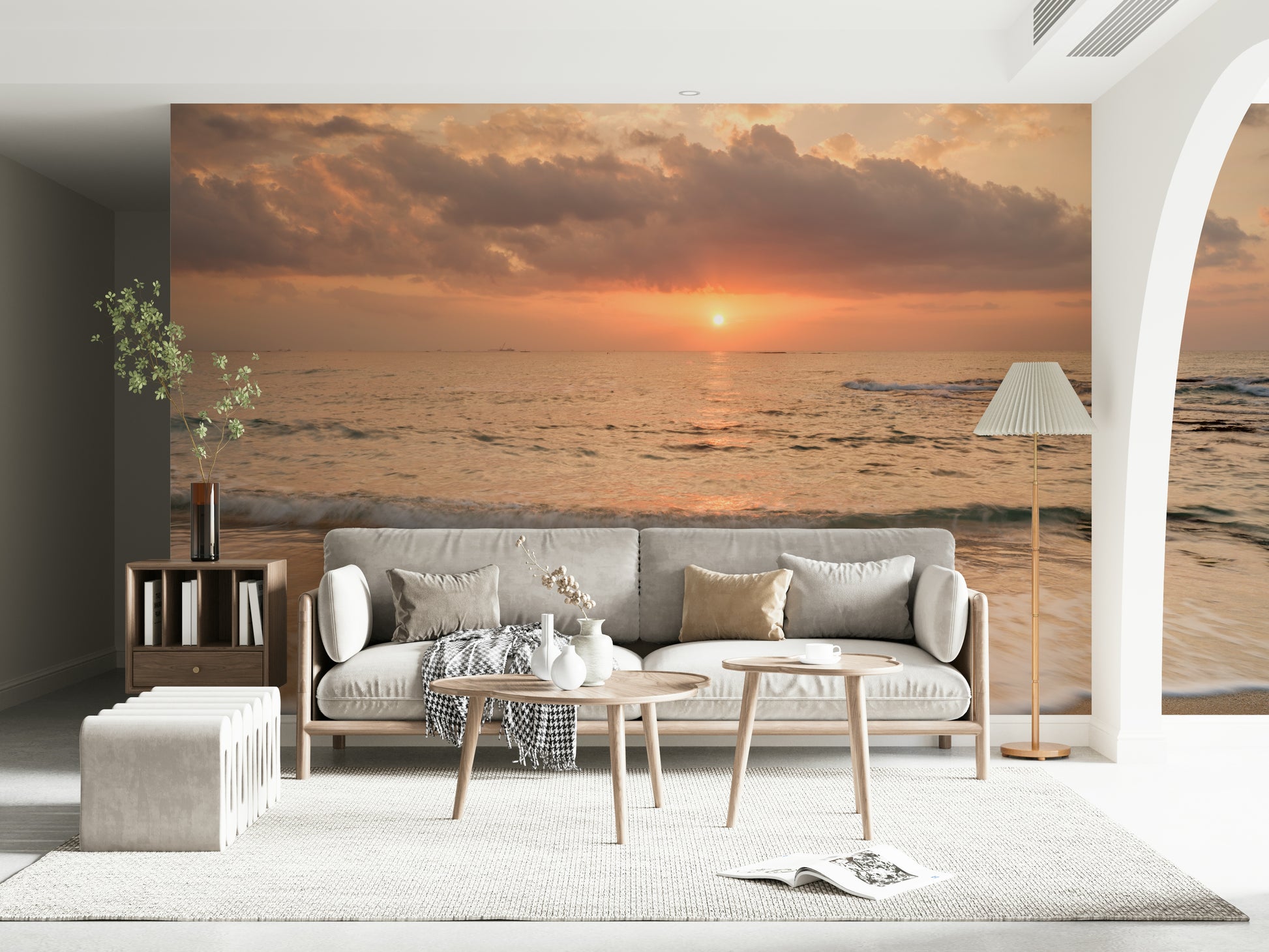 Inspiring Gilded Shores beach scene wall mural, peaceful horizon perspective.