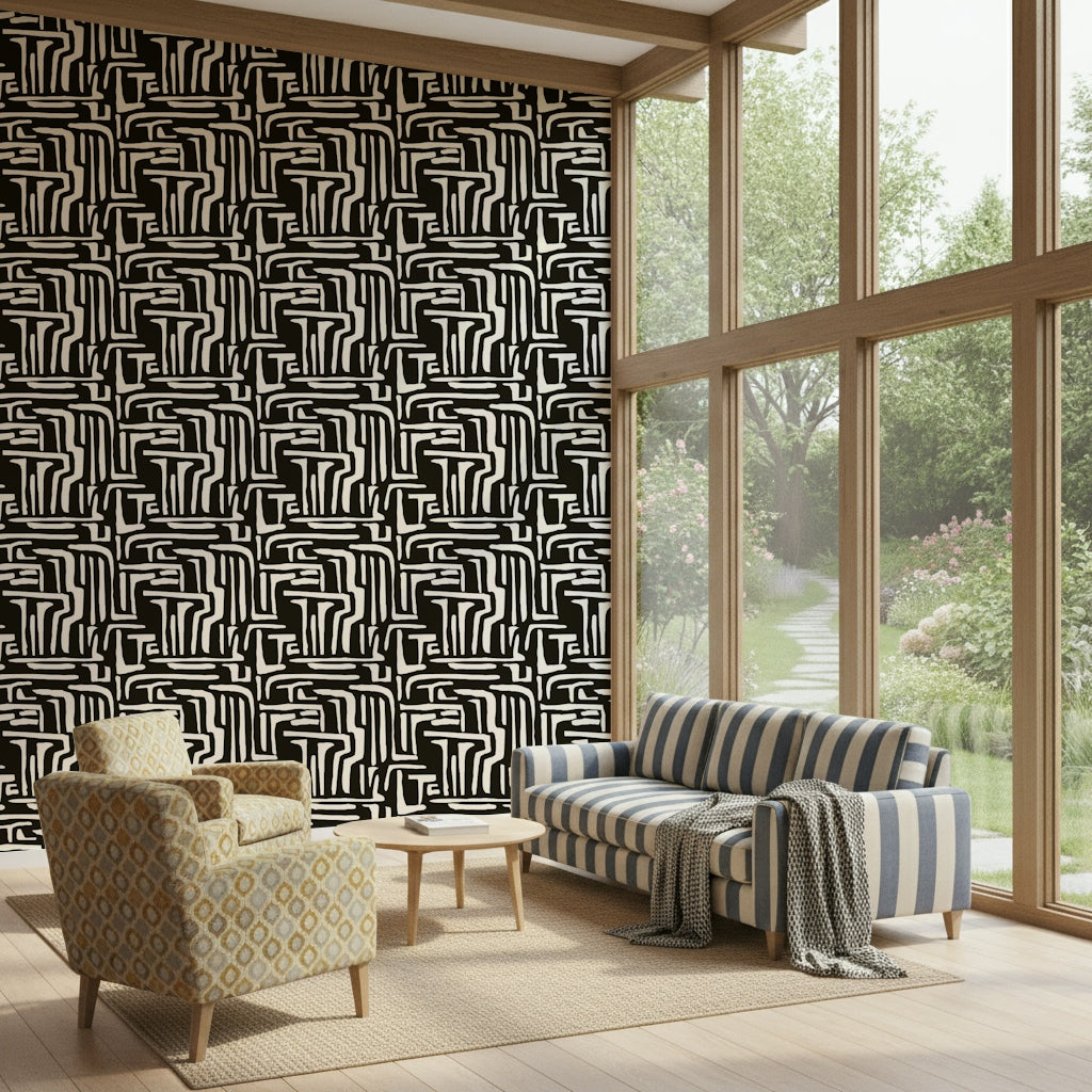 Striking linear arrangement, Modern Tribal Maze pattern wallpaper piece.