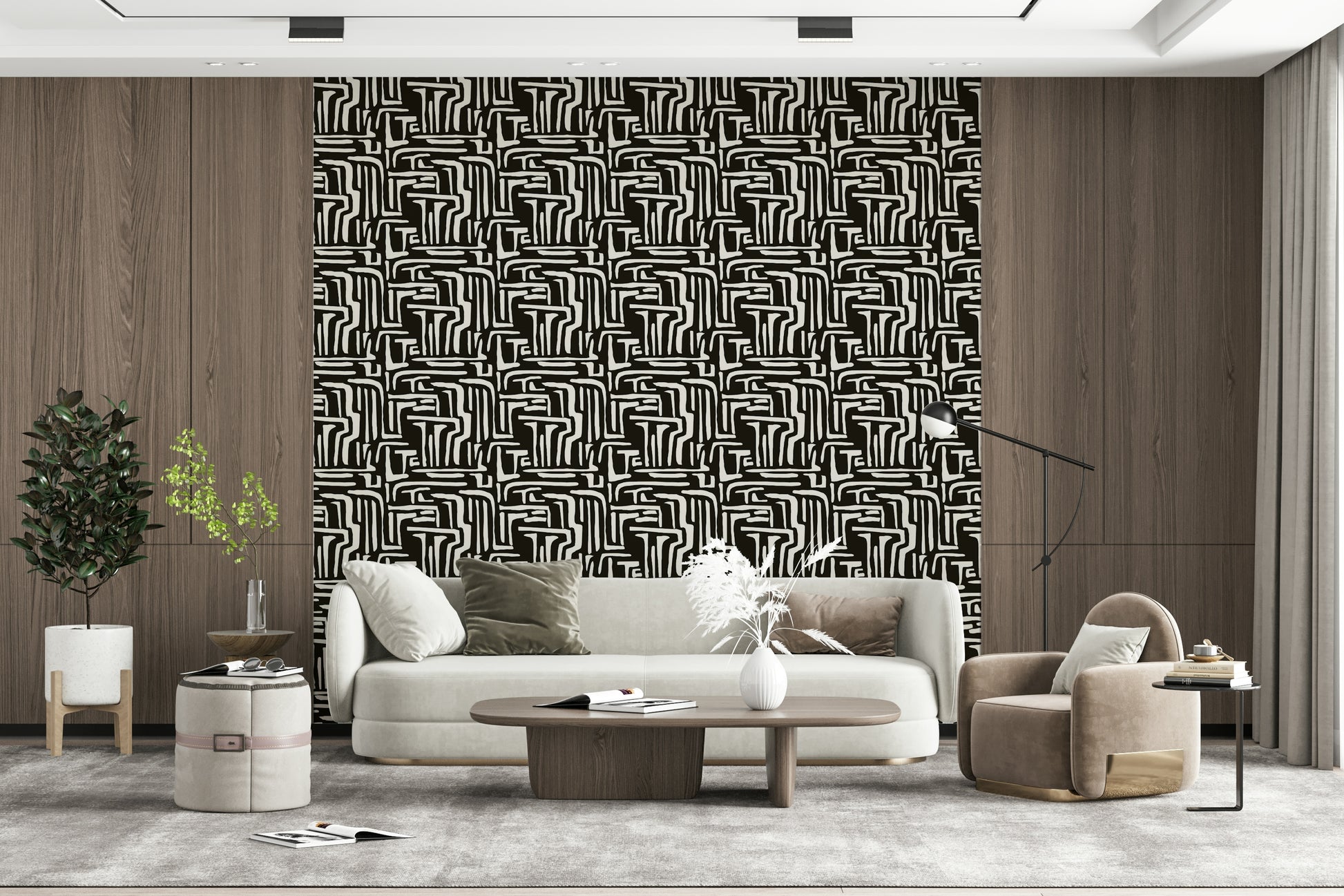 Artistic patterned backdrop, bold repetitive style, Modern Tribal Maze design.