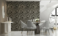 Tribal-inspired design, black background, Modern Tribal Maze wall covering.