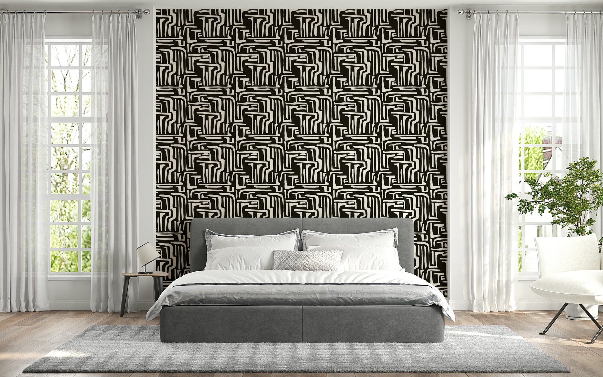 Interconnected abstract shapes, Modern Tribal Maze contemporary wall mural.