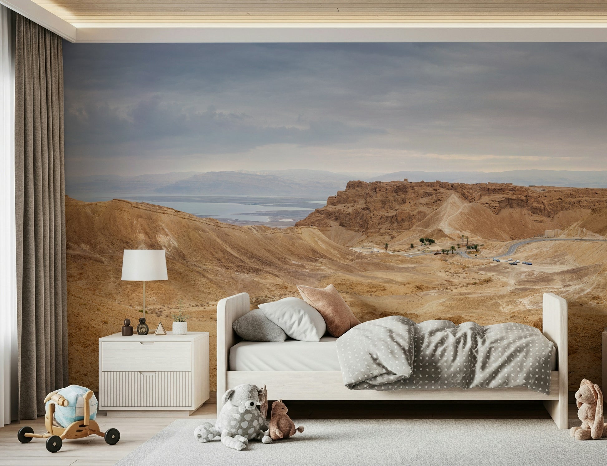 Desolate brown hills, a wide, sweeping Arid Majesty Desert Landscape Design mural.
