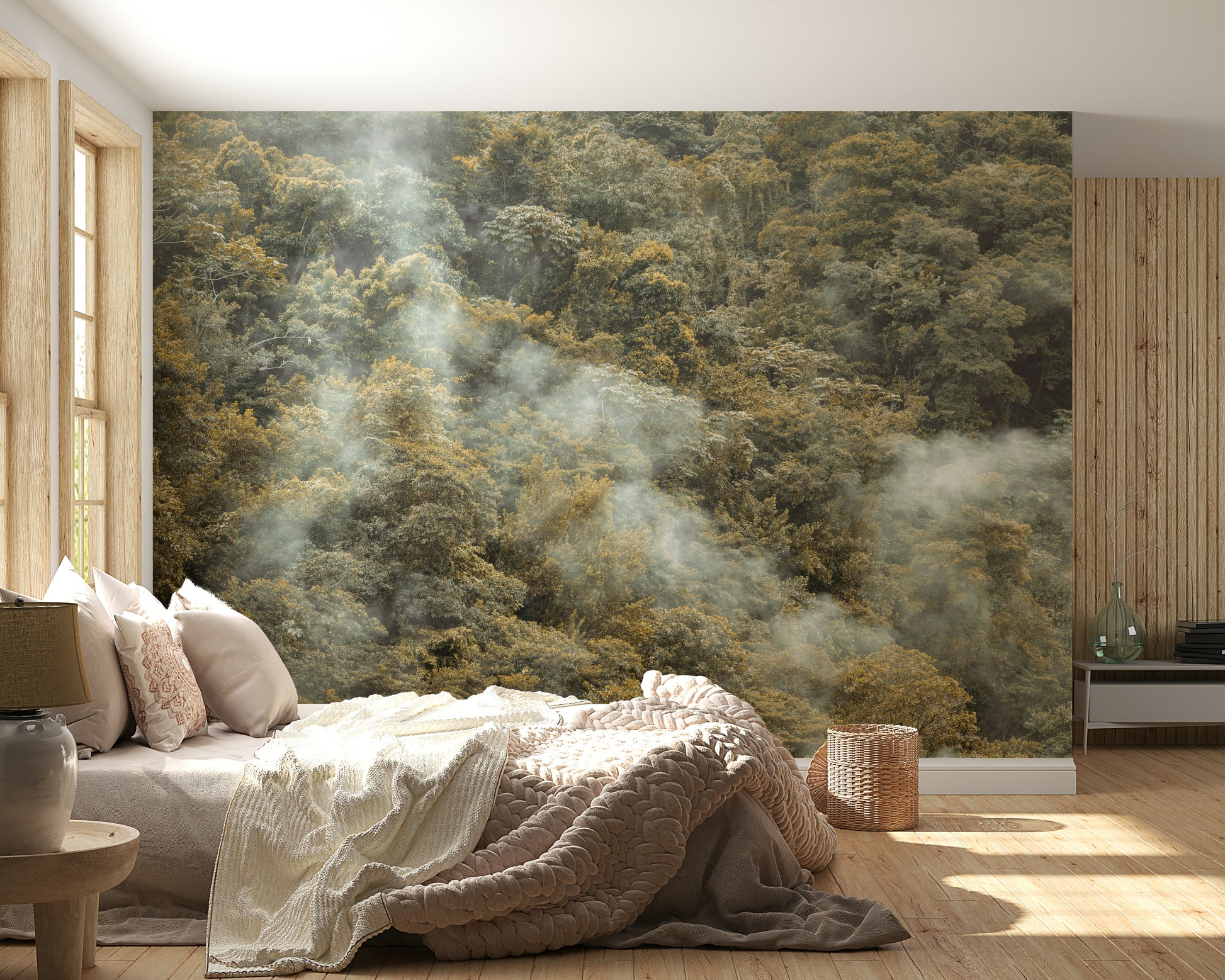 Lush jungle vista, pale golden light, Misty Forest Canopy artwork.