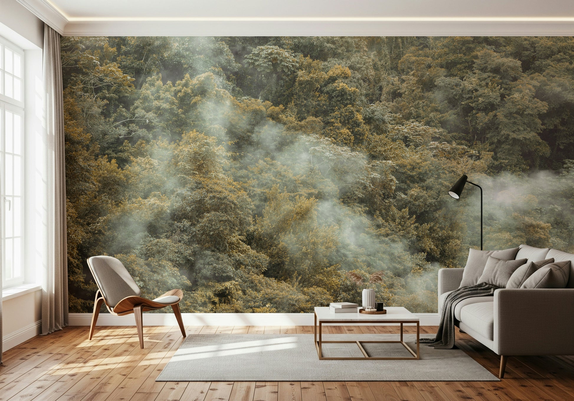 Vaporous Misty Forest Canopy print, tranquil woodland covering for walls.
