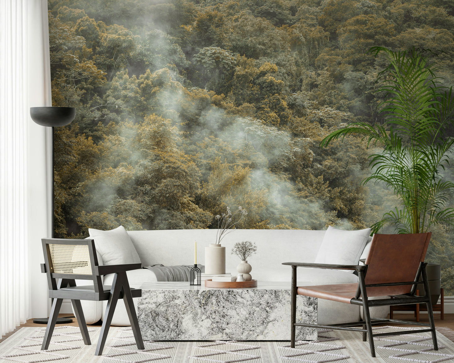 Atmospheric Misty Forest Canopy wall mural, golden-green jungle aesthetic.