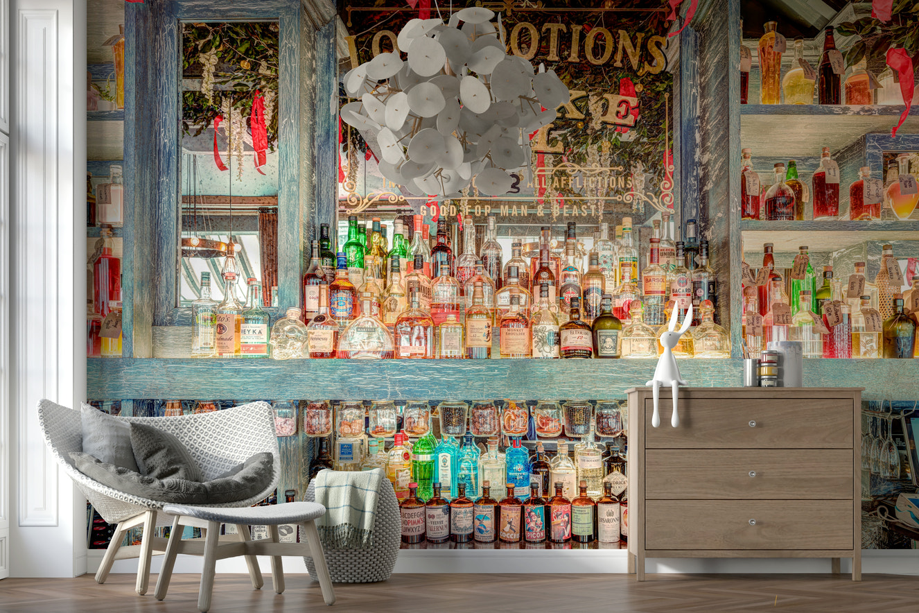 Rustic Wall Mural Elegant Bar Interior, colorful spirits, and bohemian charm.