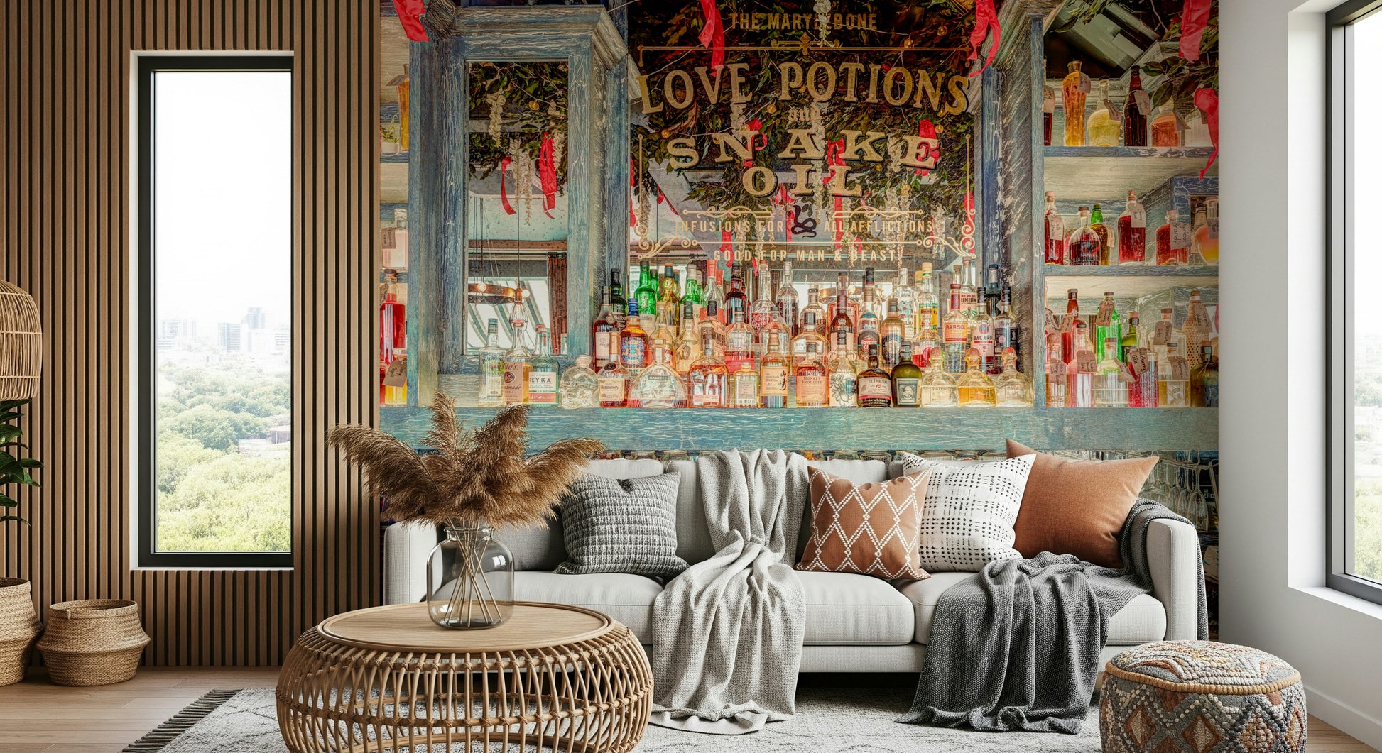 Fascinating Elegant Bar Interior design Distressed wood, glassware, and many bottles.