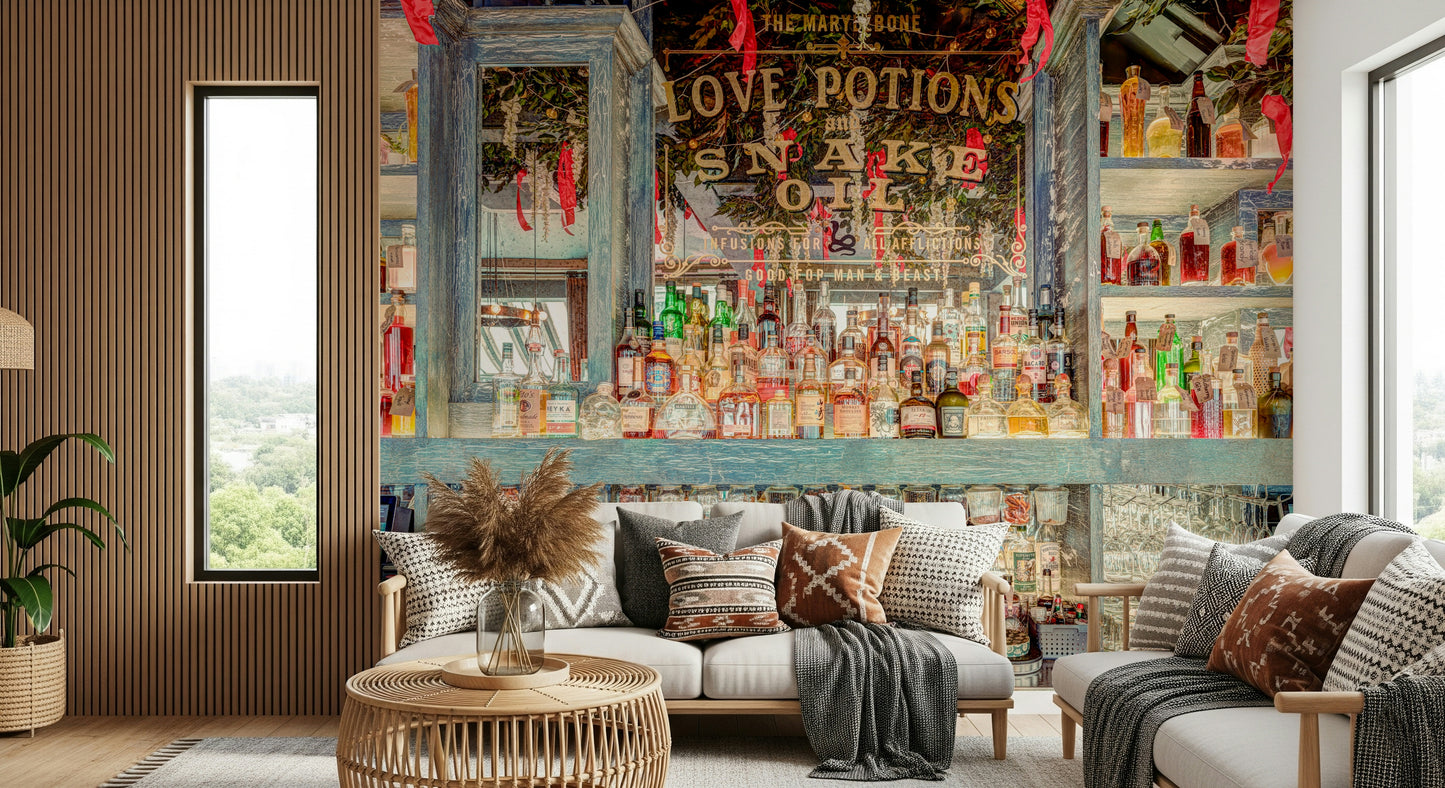 Elegant Bar Interior mural art Quirky sign, blue-toned wood, and glowing bottles.